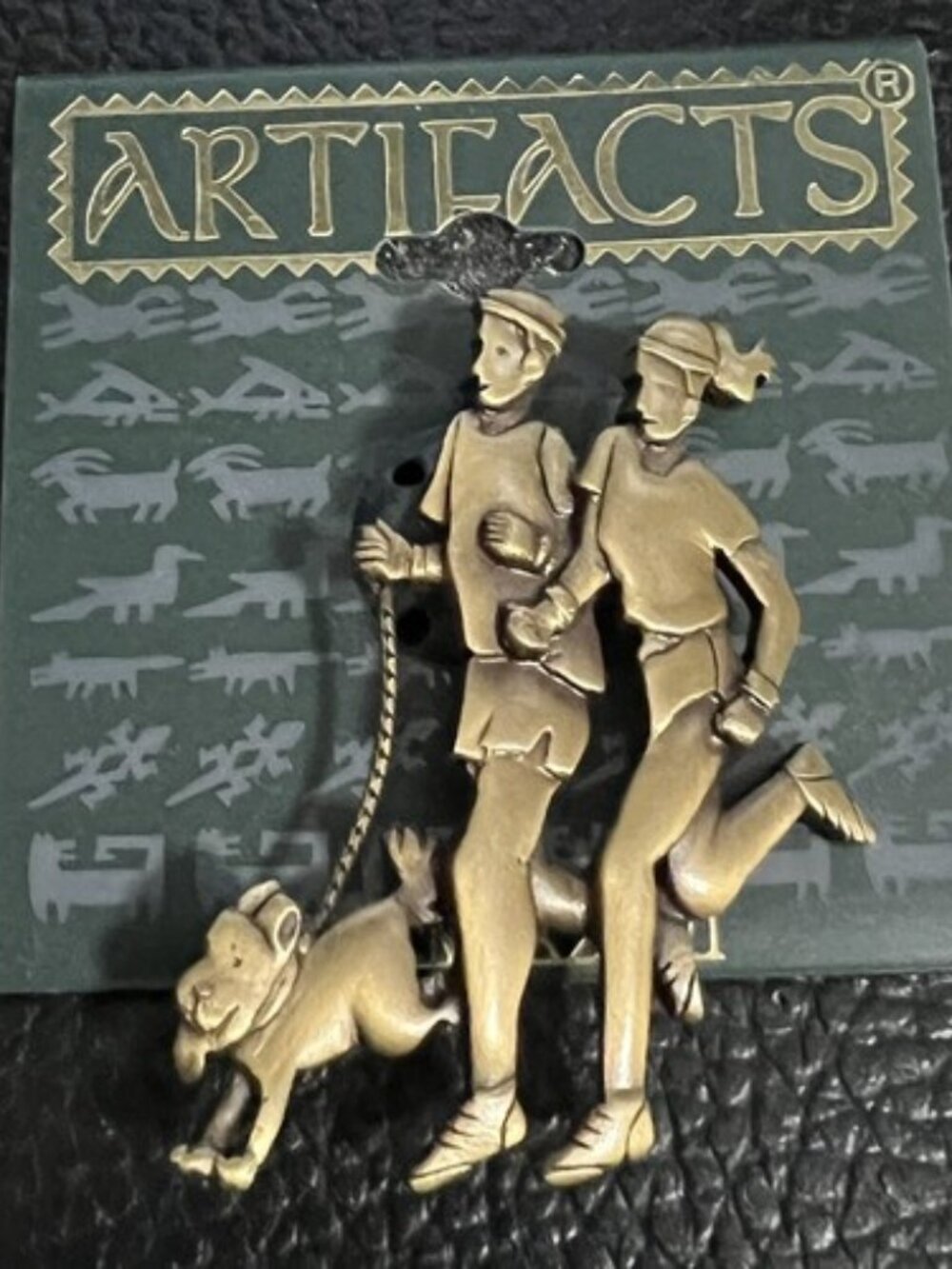 JJ Jonette Brass Brooch/Pin  COUPLE WITH DOG JOGGING